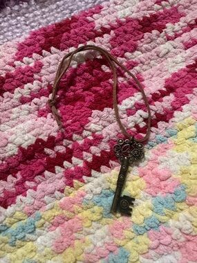 Bronze Filigree Key Pendant Necklace on Suede Cord
